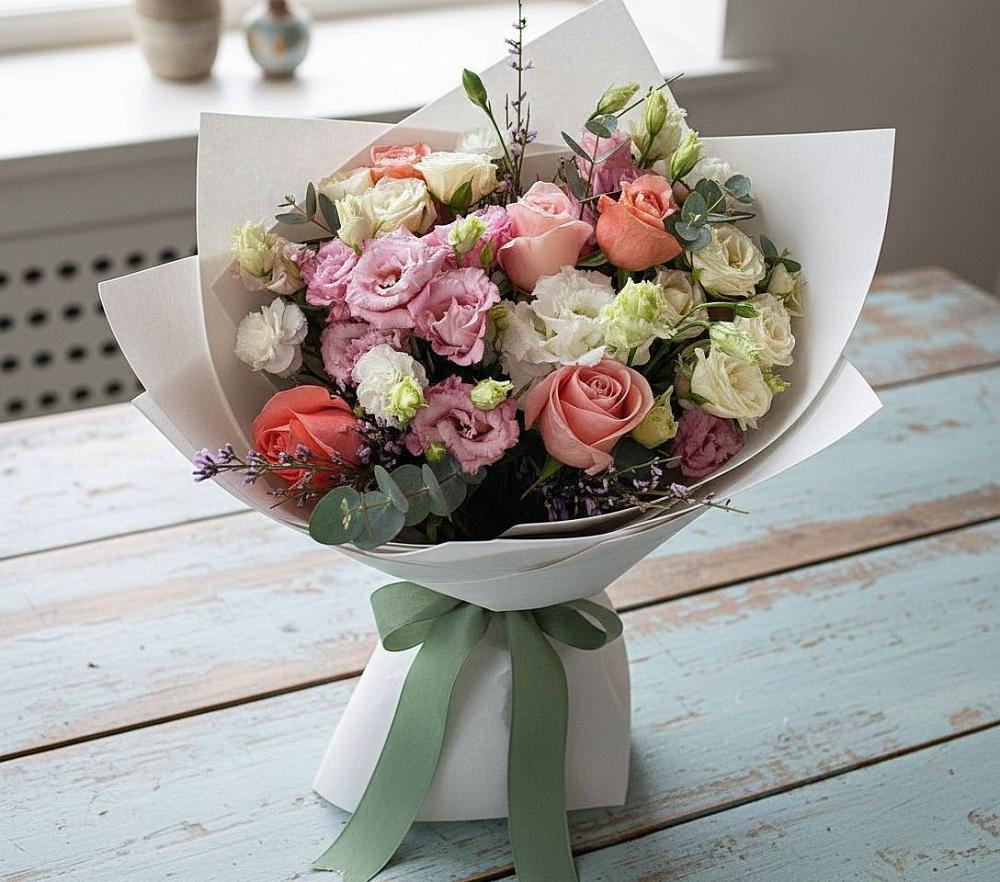 Букет цветов из: Розы, Лизиантусы и Гвоздики в Яровом