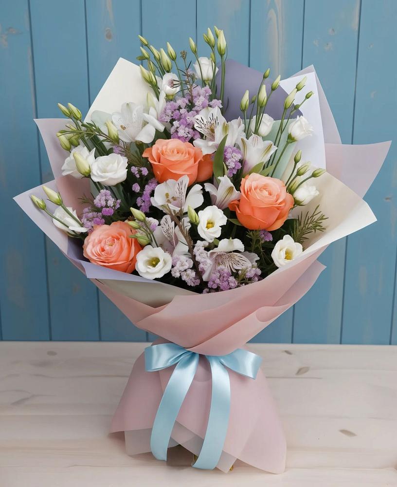 Букет цветов из: Лизиантусы, Розы, Альстромерии и Гипсофила в Яровом