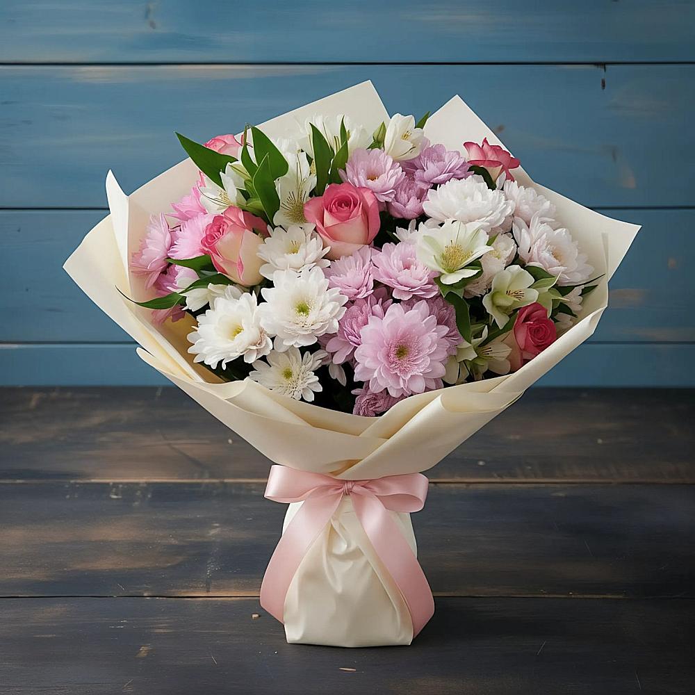 Букет цветов из: Хризантемы, Альстромерии и Розы в Яровом